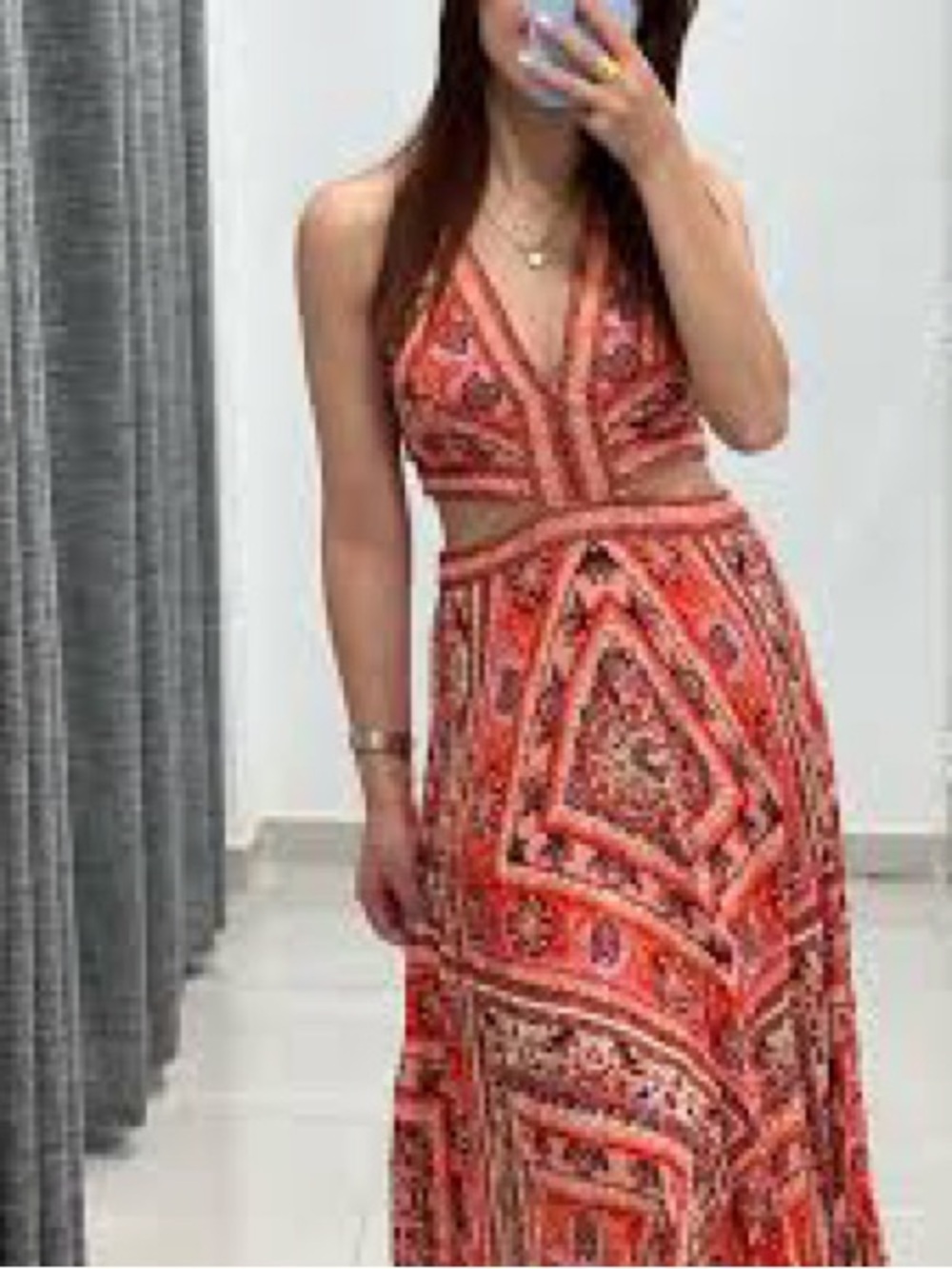 Guess XS cutout 100% cotton handkerchief hem dress in boho reds and pinks